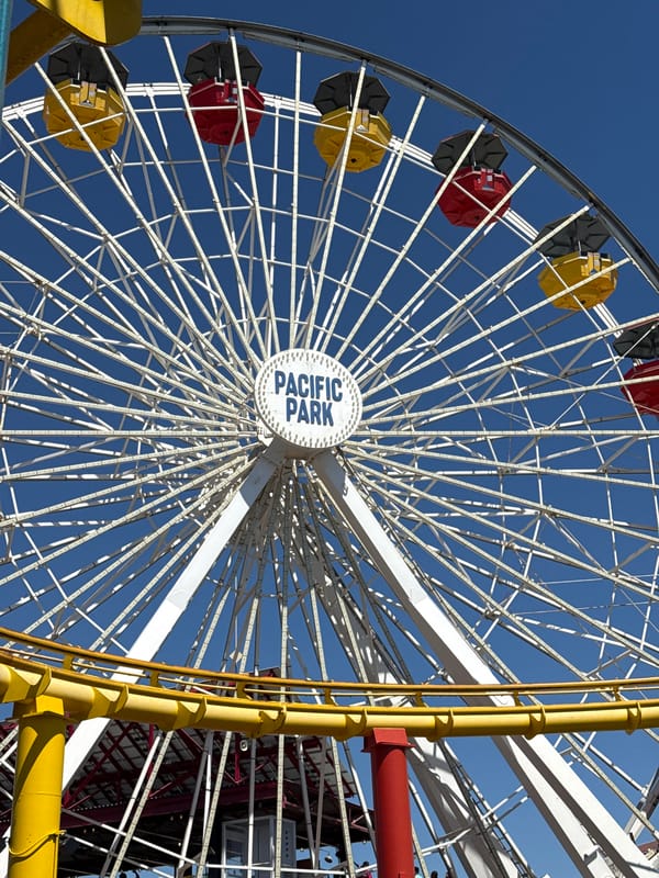 Low-angle look at Pacific Park's Ferris wheel, Santa Monica Pier