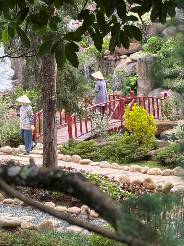 Late-night visitors explore Da Lat's Crazy House gardens