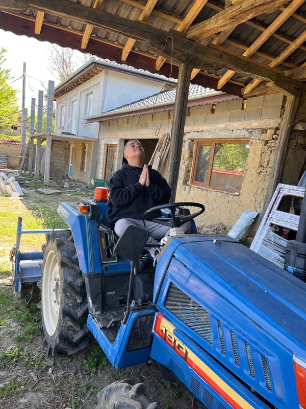 Person sits on blue tractor in rural Bulgaria