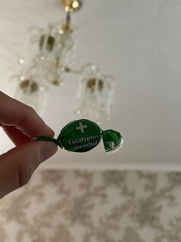 Person holds eucalyptus candy indoors in Bender, Moldova