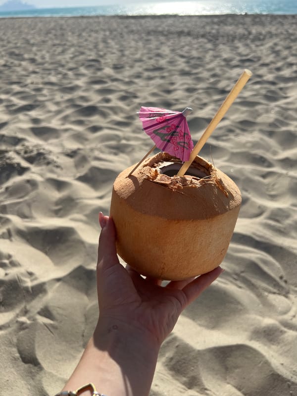 Tourist enjoys coconut drink on Abu Dhabi beach
