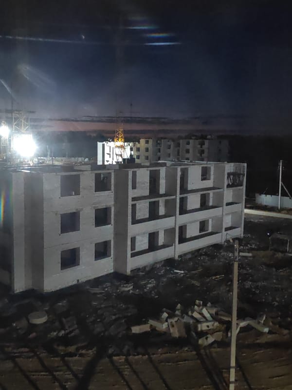 Nighttime construction site documented in Cherepovets, Russia