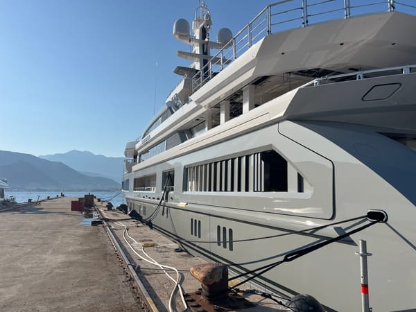 Superyacht moored at Bijela harbor on the Bay of Kotor
