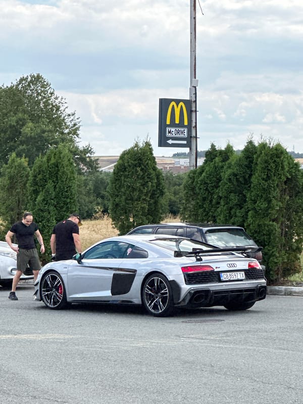 Silver Audi R8 parked near McDonald's in Drazhevo, Bulgaria