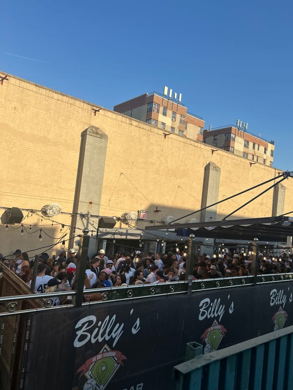 Yankees fans gather at Billy's outdoor bar in NYC