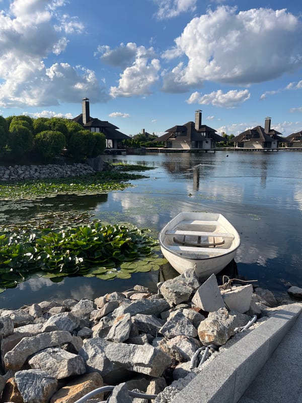 Waterfront stilt houses, lily pads, and park wildlife in Dnipro