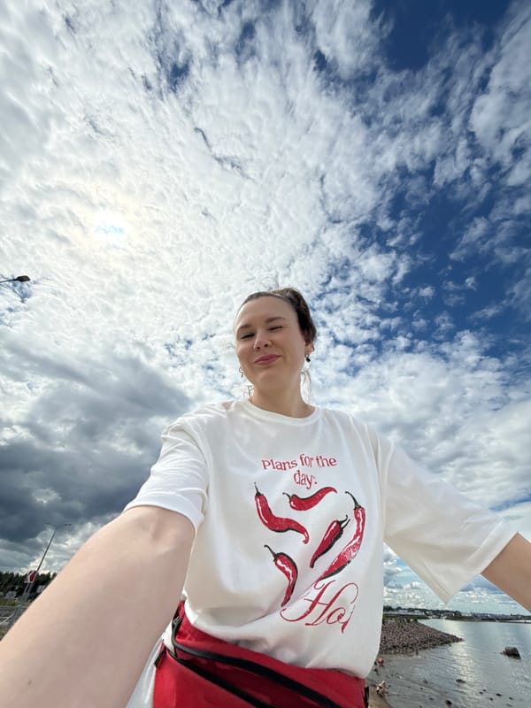 Selfie series in Saint Petersburg, chili pepper tee, sunny June day