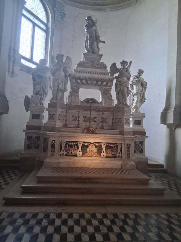 Inside Santa Giustina monastery, Padova — altar dressed for a wedding