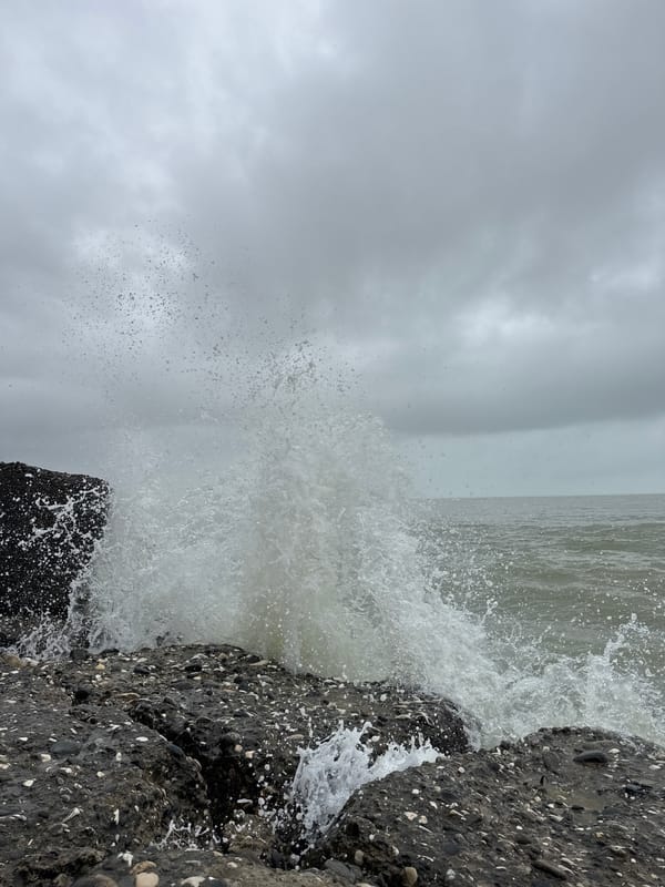 Two people observe waves at Sokhumi shoreline on cloudy day