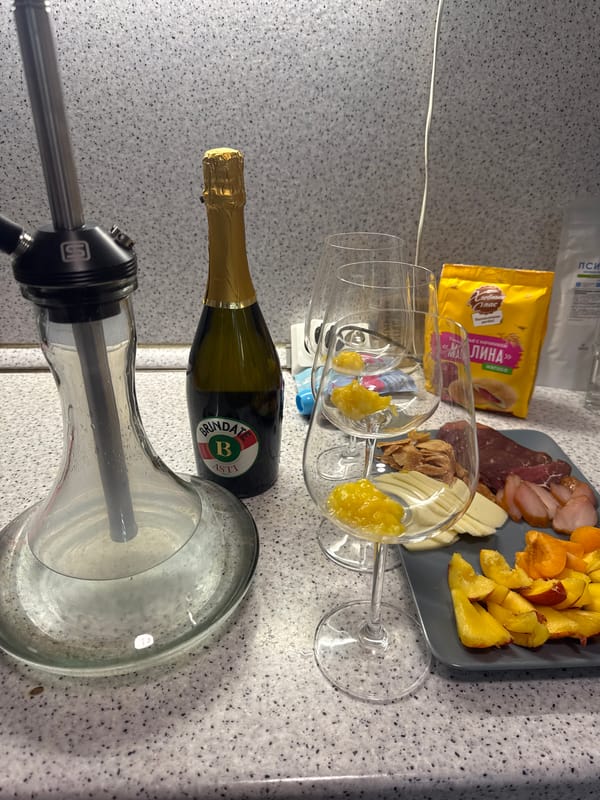 Hookah and bottle spotted on apartment counter in Saint Petersburg