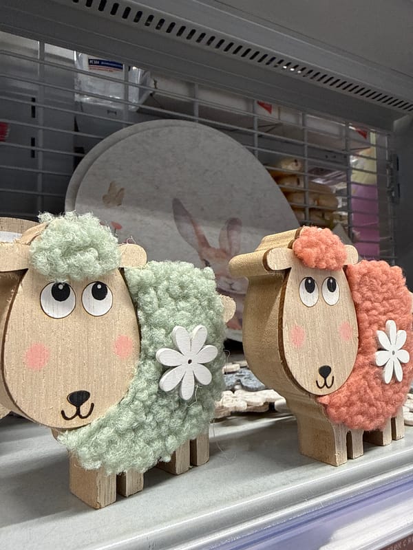 Decorative sheep figurines and rainy parking lot documented in Dobrich