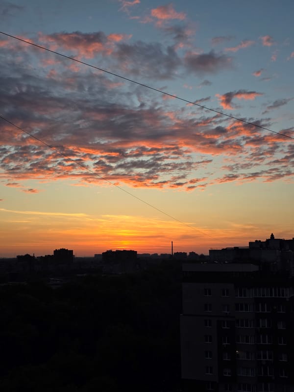 Dramatic sunset captured over Kaliningrad urban skyline