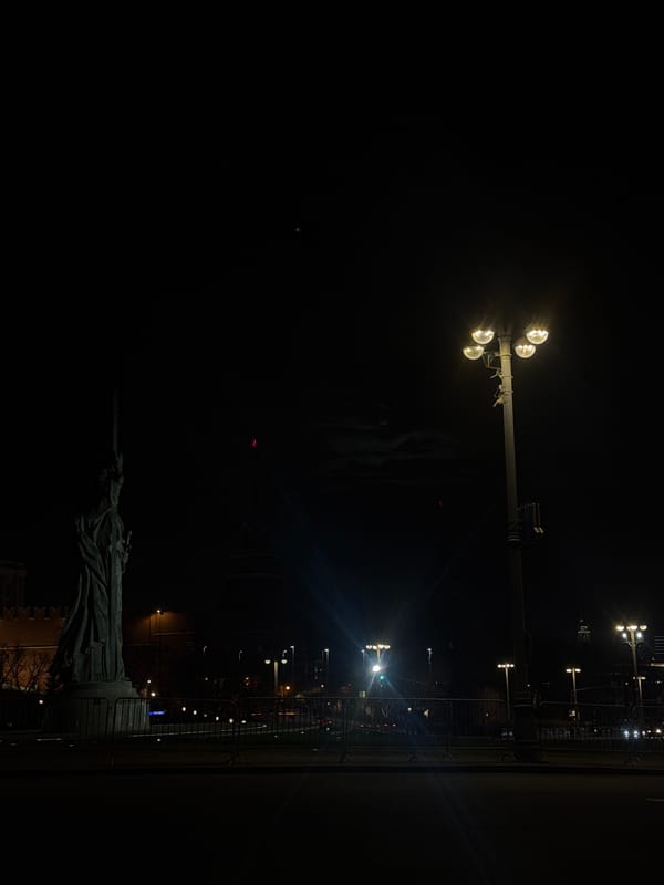 Nighttime view of Alexander I statue in Moscow