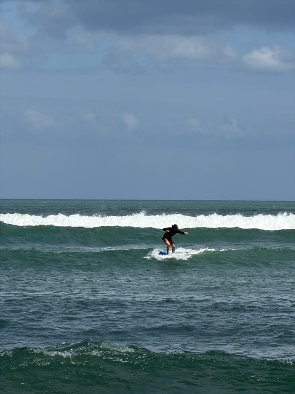 Active surf scene on North Kuta's dark sand beach