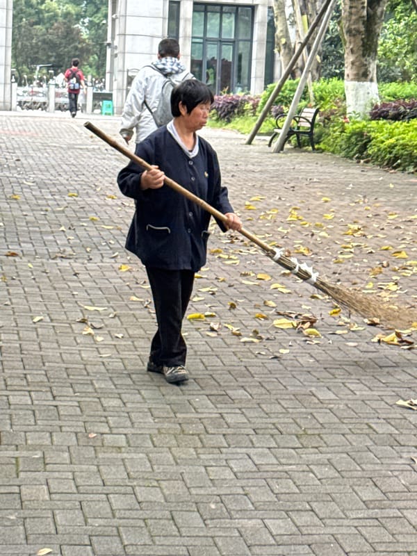 Woman sweeps leaves on brick pathway in Jiangjin, China