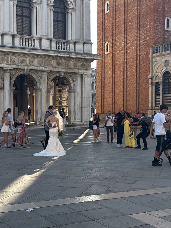 Wedding couple embraces in Venice's St. Mark's Square