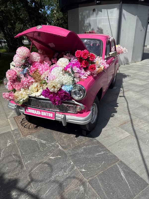Flower-covered vintage car and mall retail in Moscow