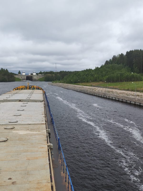 Barge transits Lock 6 on Volga-Baltic Waterway in Russia