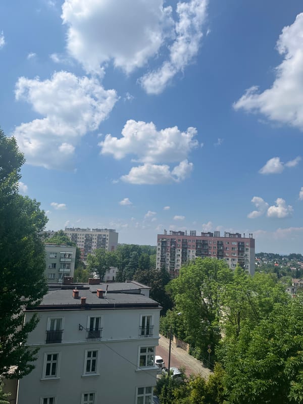 Sunny morning cityscape observed from elevated viewpoint with fruits, toy