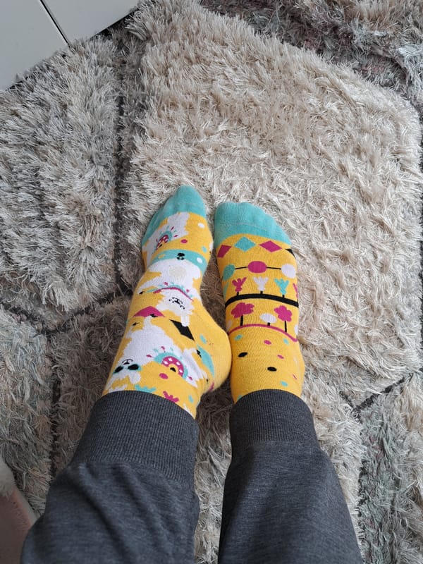 Colorful socks and sweatpants captured in casual indoor moment