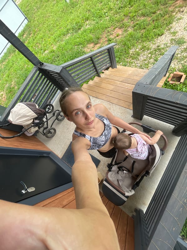 Backyard moments with a baby on a summer morning in Podshivalovo
