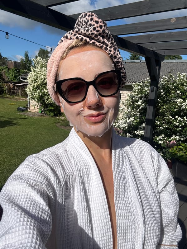 Sheet mask, waffle robe, and a Shiba Inu in Carnikava