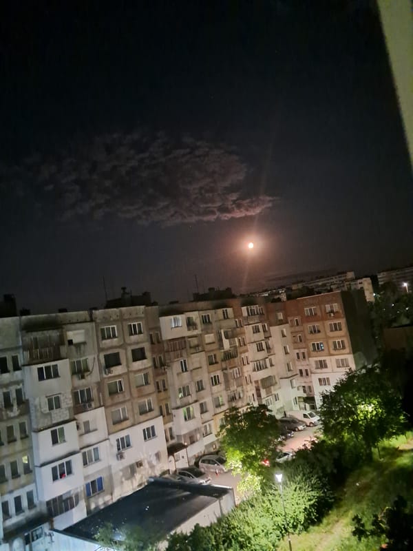 Nighttime look at a lit residential block in Gabrovo, Bulgaria.