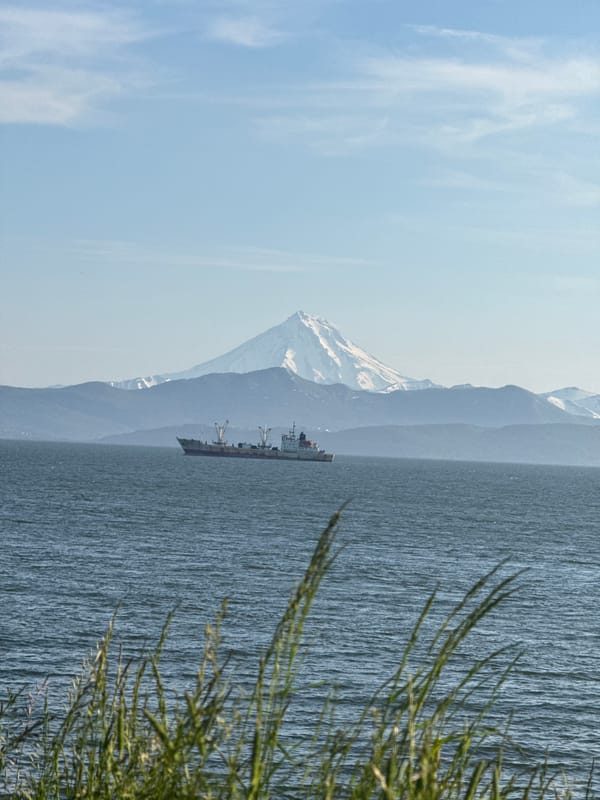 Historic cannons overlook Kamchatka bay with volcano backdrop