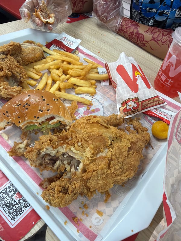 Fast-food meal partially eaten at Wallace Burger in Jiangning