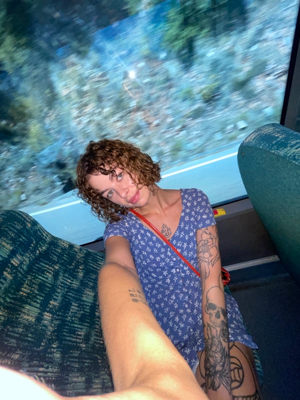 Bus window selfie en route through coastal Montenegro