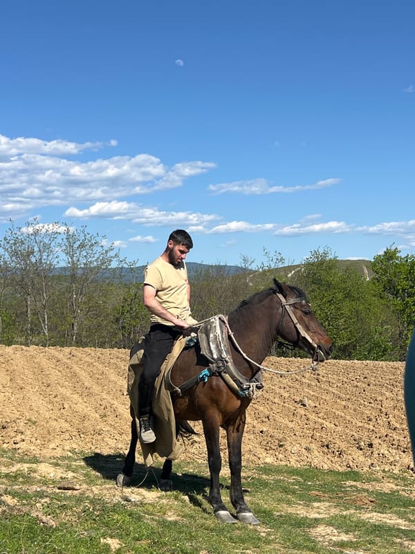 Man rides horse through Bulgarian countryside near Kornitsa