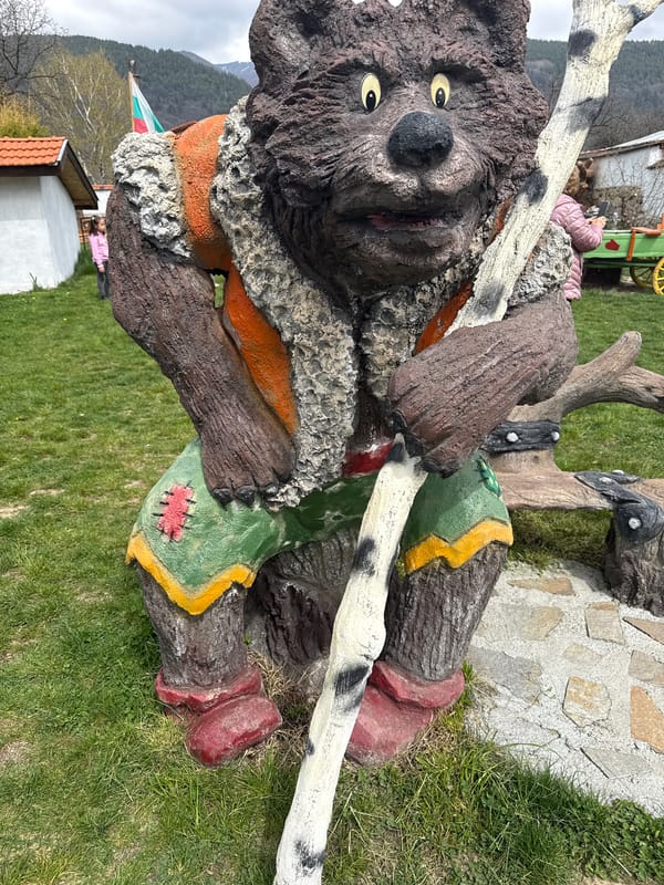 Tourist visits fairy tale sculpture garden at Bulgarian children's center