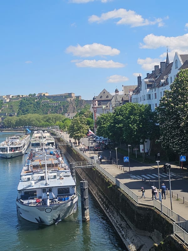 Tourist boats dock along Rhine River in Koblenz