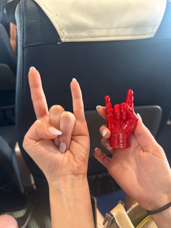 Tourist displays red souvenir with hand gesture in vehicle