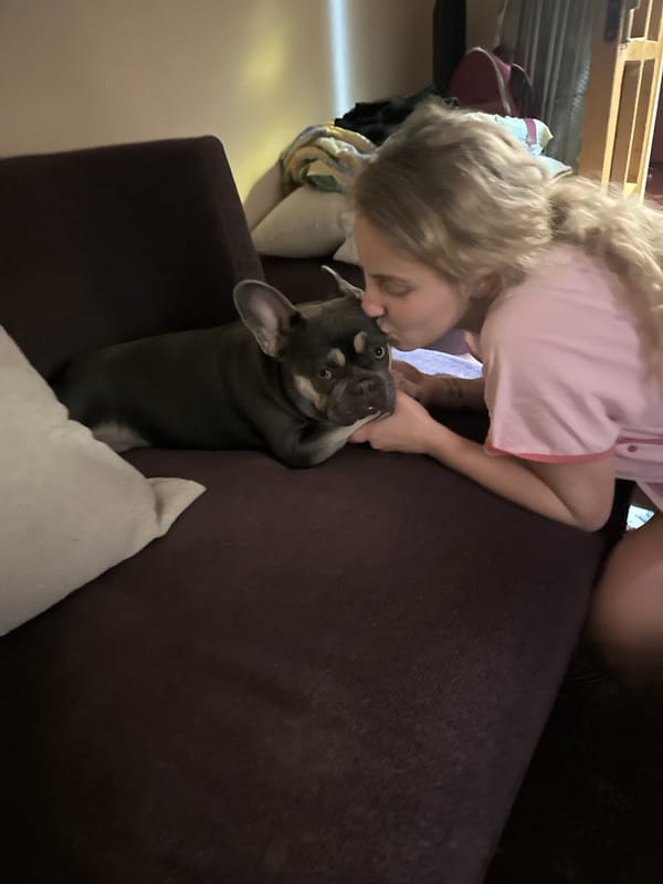 Woman in pajamas shares quiet evening moments with French Bulldog
