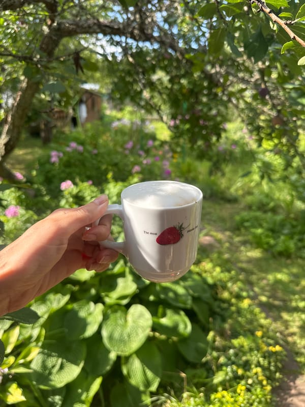 Garden morning at a Russian dacha: coffee, bikes, and lily ponds
