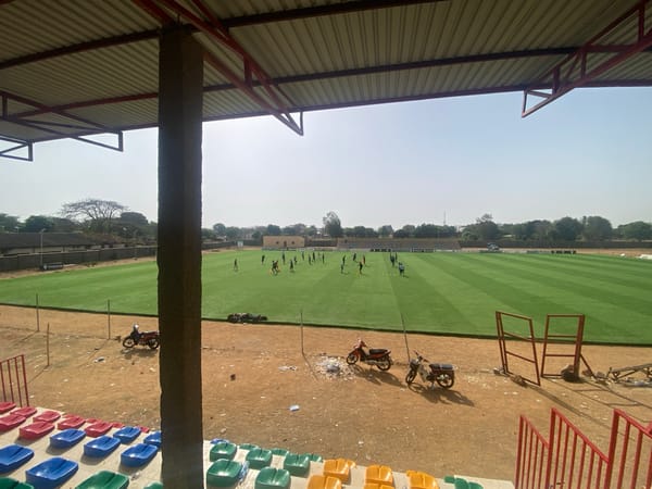 Soccer team practices at Nasara Stadium in Nigeria