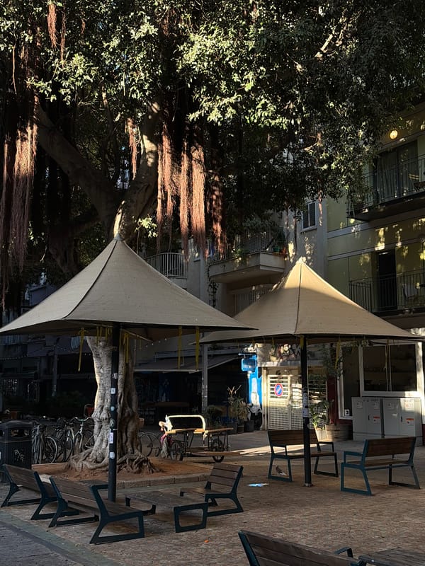 Tel Aviv outdoor seating area documented amid urban setting