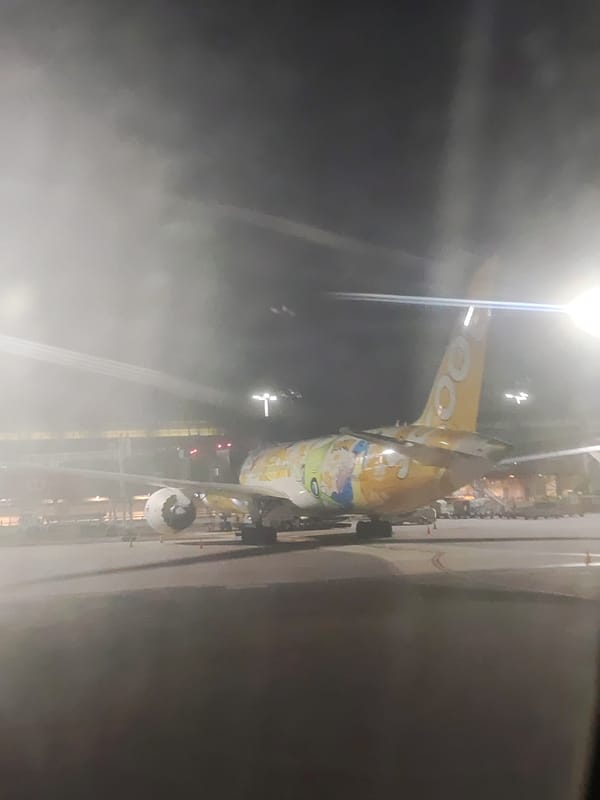 Traveler documents aircraft and dining at Singapore Changi Airport