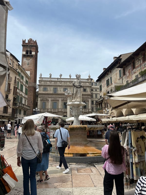 Pedestrians documented in historic Verona piazza during midday