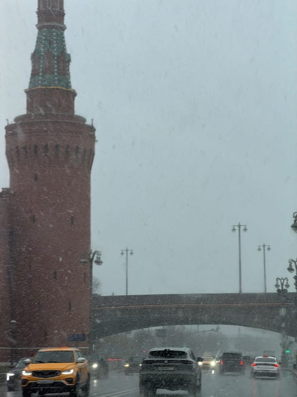 Moscow scenes documented during snowy spring day across city