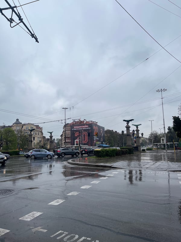 Rainy morning documented across Sofia streets, pedestrians use umbrellas