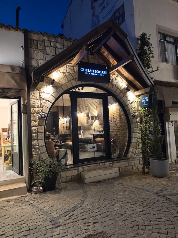 Urla's old town streets at dusk, cafes and cobblestones