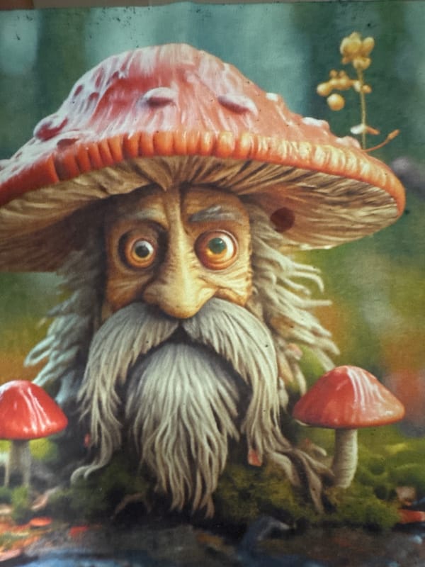 Mushroom art and a gecko on turquoise tiles