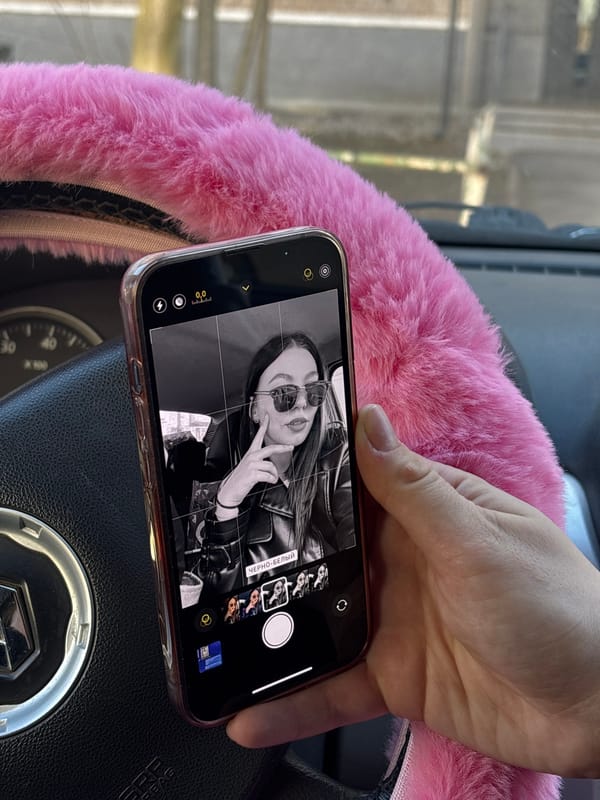 Driver views black-and-white photo on smartphone in Perm
