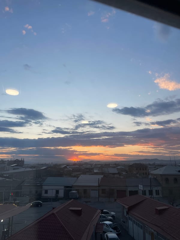 Sunset observed over Vagharshapat, Armenia from elevated viewpoint