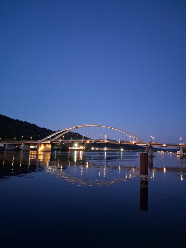 Cable-stayed bridge over the Danube at dusk, Vilshofen