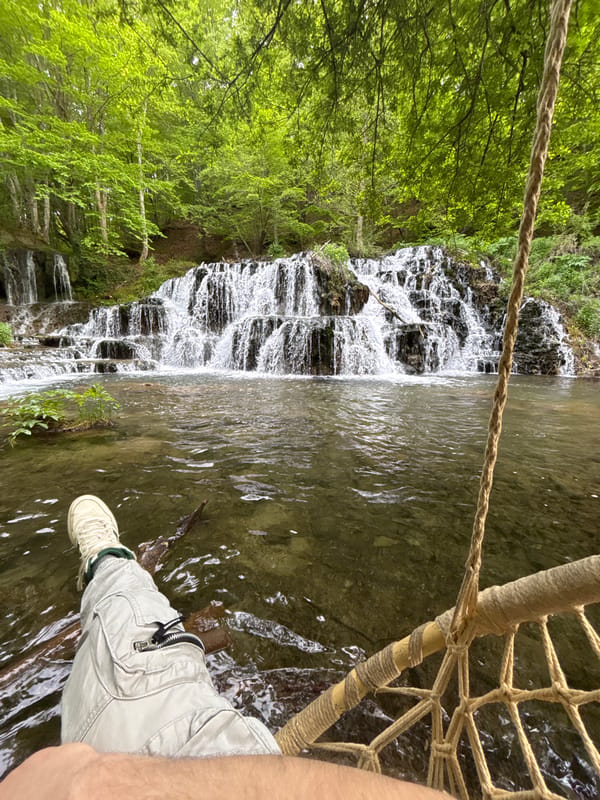 Rope bridge crossing documented at Stoilovo waterfall in Bulgaria