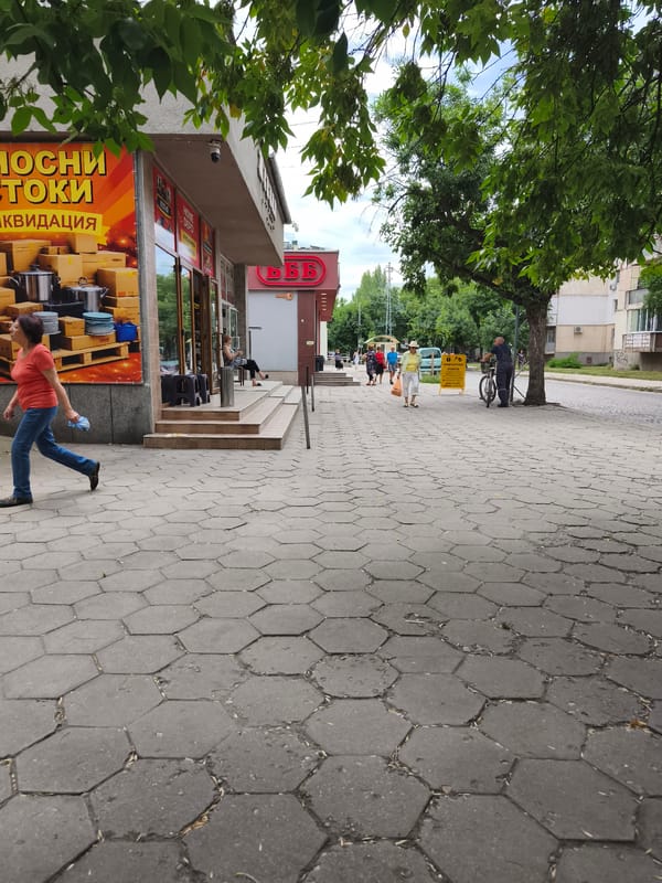 Ordinary morning street scenes along a Plovdiv sidewalk