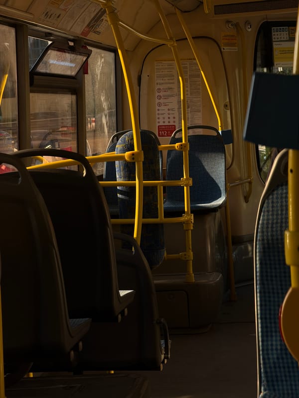 Sunlight and shadows inside a bus near Novodrozhzhino